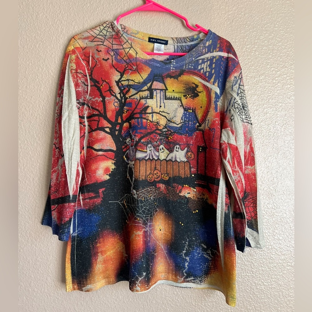 SML Sport Vintage Haunted House Halloween Artsy Festive 3/4 Sleeve Blouse Sz Lg